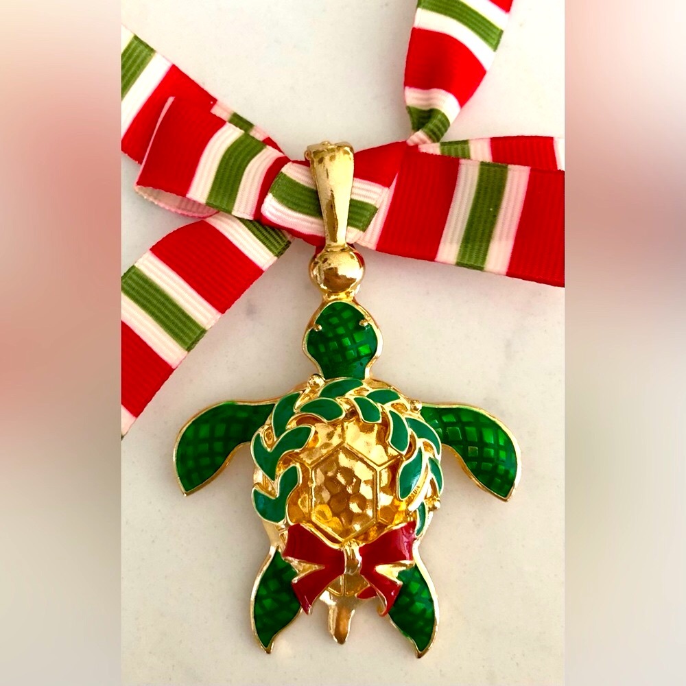 Christmas Turtle Gold Pendant for necklace OR ornament OR gift package charm